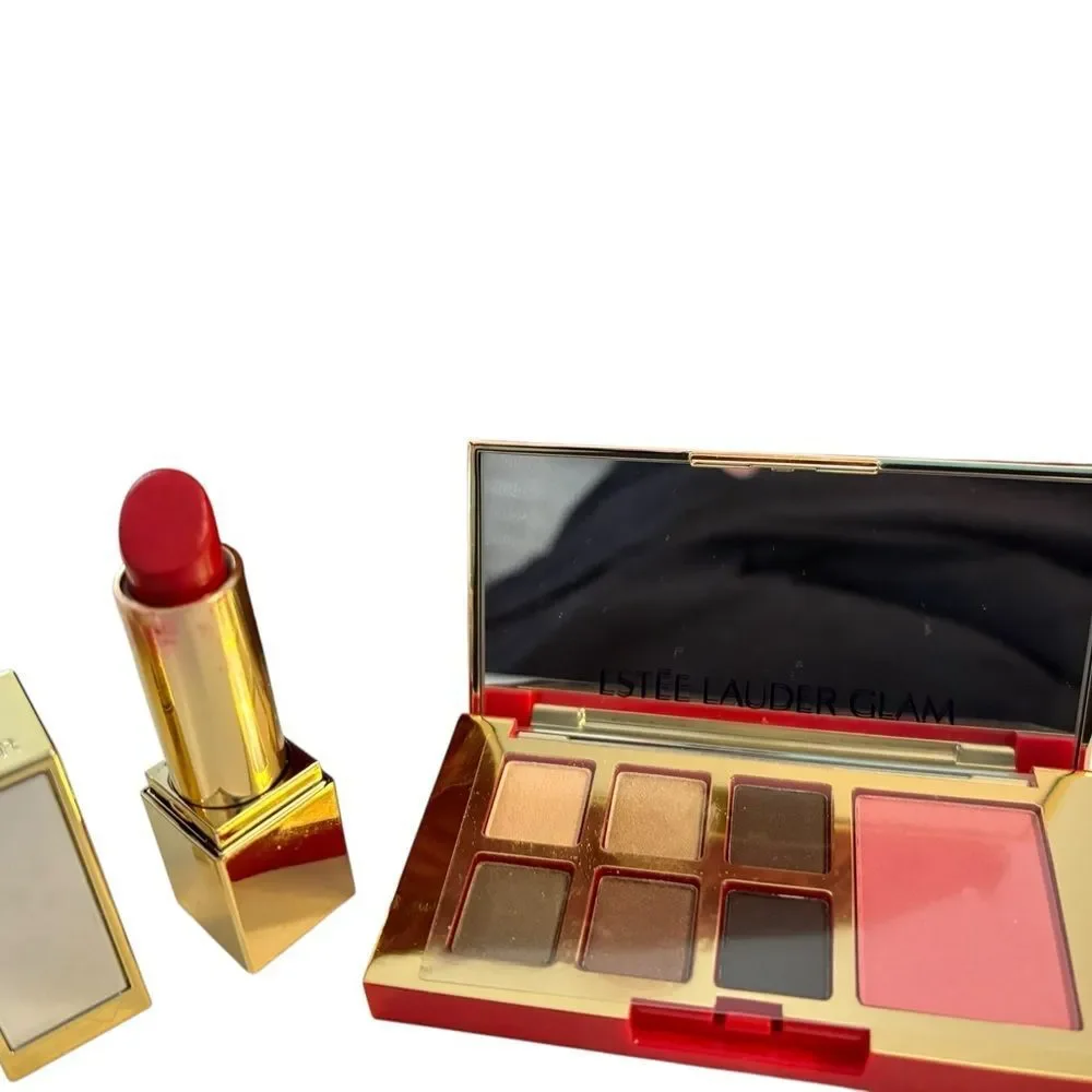 Estee Lauder Lipstick, Eyeshadow,‎ Blush, plus Quilted Burgundy Cosmetic Bag
